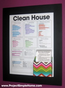 A framed cleaning chart with a holder for reusable chore cards